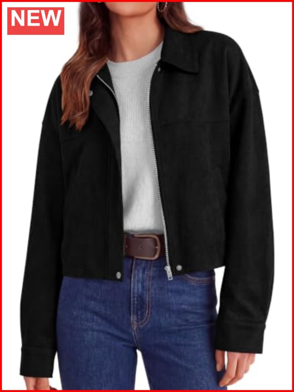 Women's Faux Suede Cropped Zip Up Jacket Long Sleeve Fall Moto Casual Coat